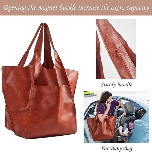 Large Leather Boho Tote Bag - Cognac - Picture 4 of 7